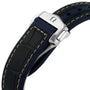 Close-up of a black leather OMEGA watch strap with white stitching and stainless steel clasp, designed for the Seamaster Planet Ocean 600M.