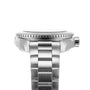 Close-up side view of the OMEGA Seamaster Planet Ocean 600M, a stainless steel wristwatch with metal band and black ceramic bezel, photographed against a white background.