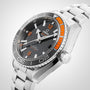 A close-up of the OMEGA Seamaster Planet Ocean 600M, featuring a stainless steel case, black ceramic bezel, black dial, and silver bracelet, photographed against a light background to highlight its iconic design and diving heritage.