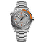 OMEGA Seamaster Planet Ocean 600M watch with orange accents, date display, and stainless steel band, displayed on a white background.