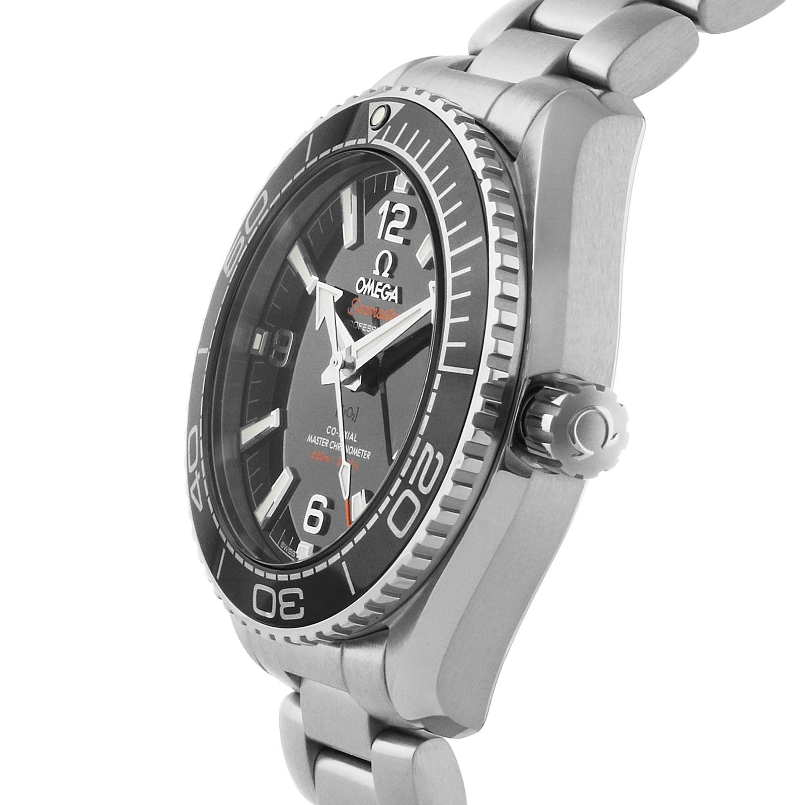 Side view of the OMEGA Seamaster Planet Ocean 600M, a stainless steel diving watch featuring a black bezel, black dial, silver hour markers, and a metal link bracelet.