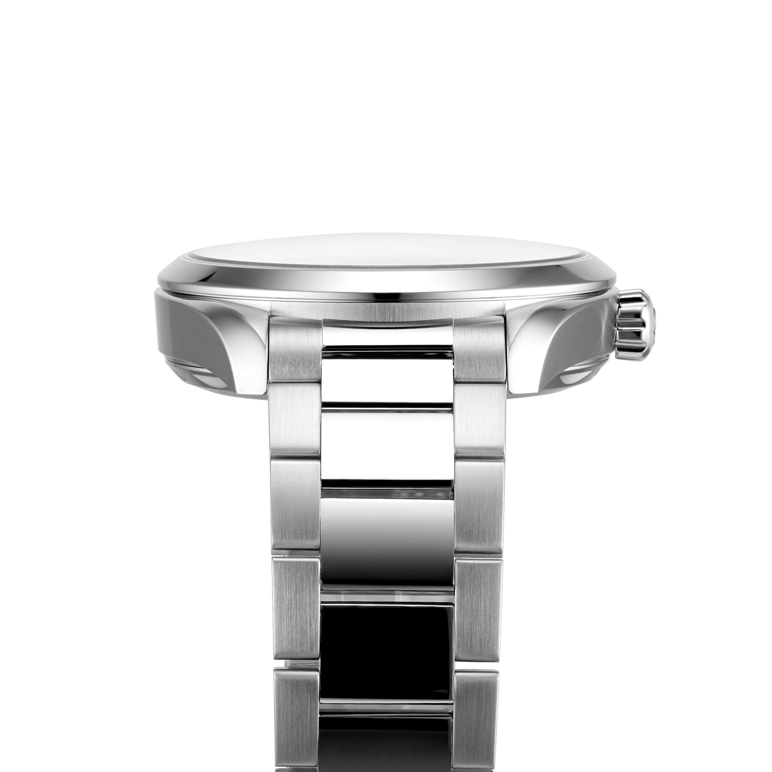 A close-up side view of the OMEGA Seamaster Aqua Terra 150M wristwatch with a silver metal band, displaying the crown and case profile—highlighting its maritime design—set against a white background.