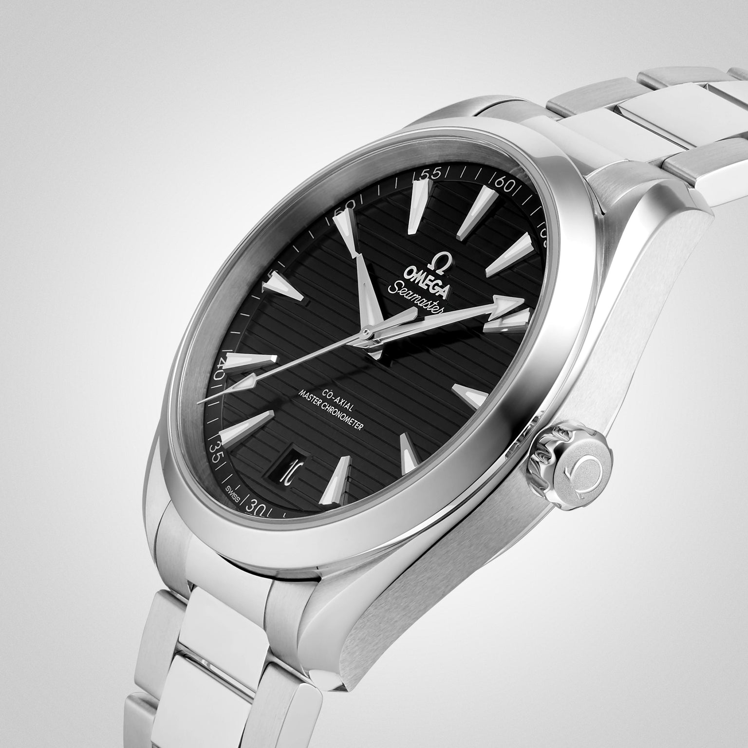 An OMEGA Seamaster Aqua Terra 150M wristwatch in stainless steel features a black dial, silver hour markers, and a metal bracelet, showcased at an angle against a plain background to reflect its maritime heritage.