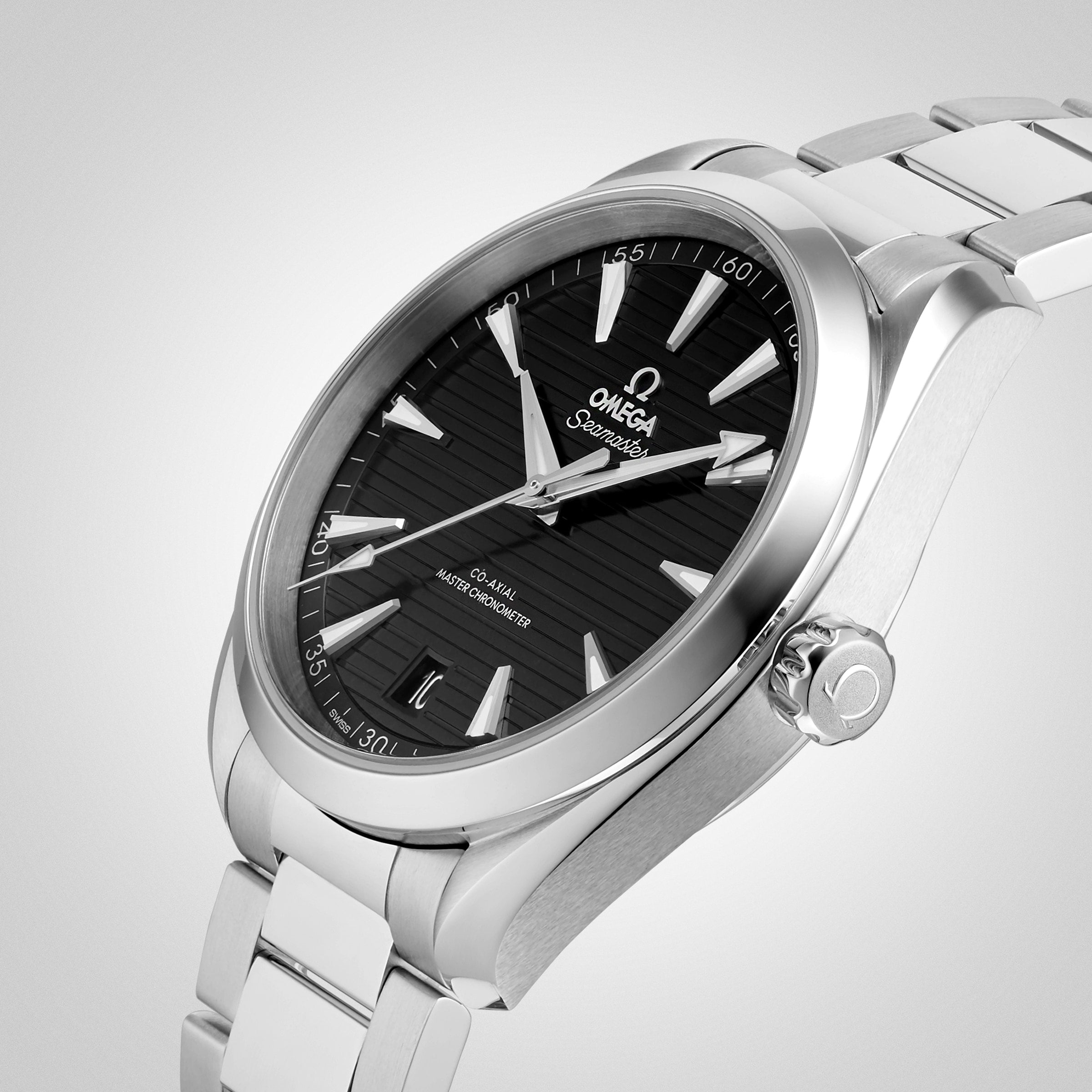 An OMEGA Seamaster Aqua Terra 150M wristwatch in stainless steel features a black dial, silver hour markers, and a metal bracelet, showcased at an angle against a plain background to reflect its maritime heritage.