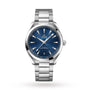 An OMEGA Seamaster Aqua Terra 150M stainless steel watch with a blue textured dial, silver hour markers, date window at 6 o’clock, and metal bracelet is shown on a white background.