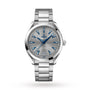 The OMEGA Seamaster Aqua Terra 150M features a stainless steel case, silver dial, blue hour markers and hands, date display at 6 o’clock, and metal link bracelet, showcased on a white background to honor Seamaster heritage.