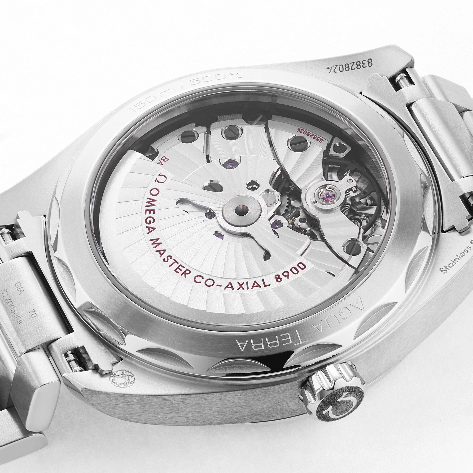 Close-up of the OMEGA Seamaster Aqua Terra 150M case back, revealing the movement and rotor engraved with Master Co-Axial 8900—a tribute to its heritage and certification as a Master Chronometer.