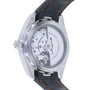 Back view of the OMEGA Seamaster Aqua Terra 150M, showing the 8900 calibre movement through a transparent caseback, complemented by a black strap with orange stitching.