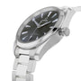 OMEGA Seamaster Aqua Terra 150M wristwatch featuring a black textured dial, metal bracelet, and bold hour markers, shown from an angled view.