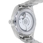 Close-up of the back of the OMEGA Seamaster Aqua Terra 150M, showcasing its exposed mechanical movement and metal bracelet.