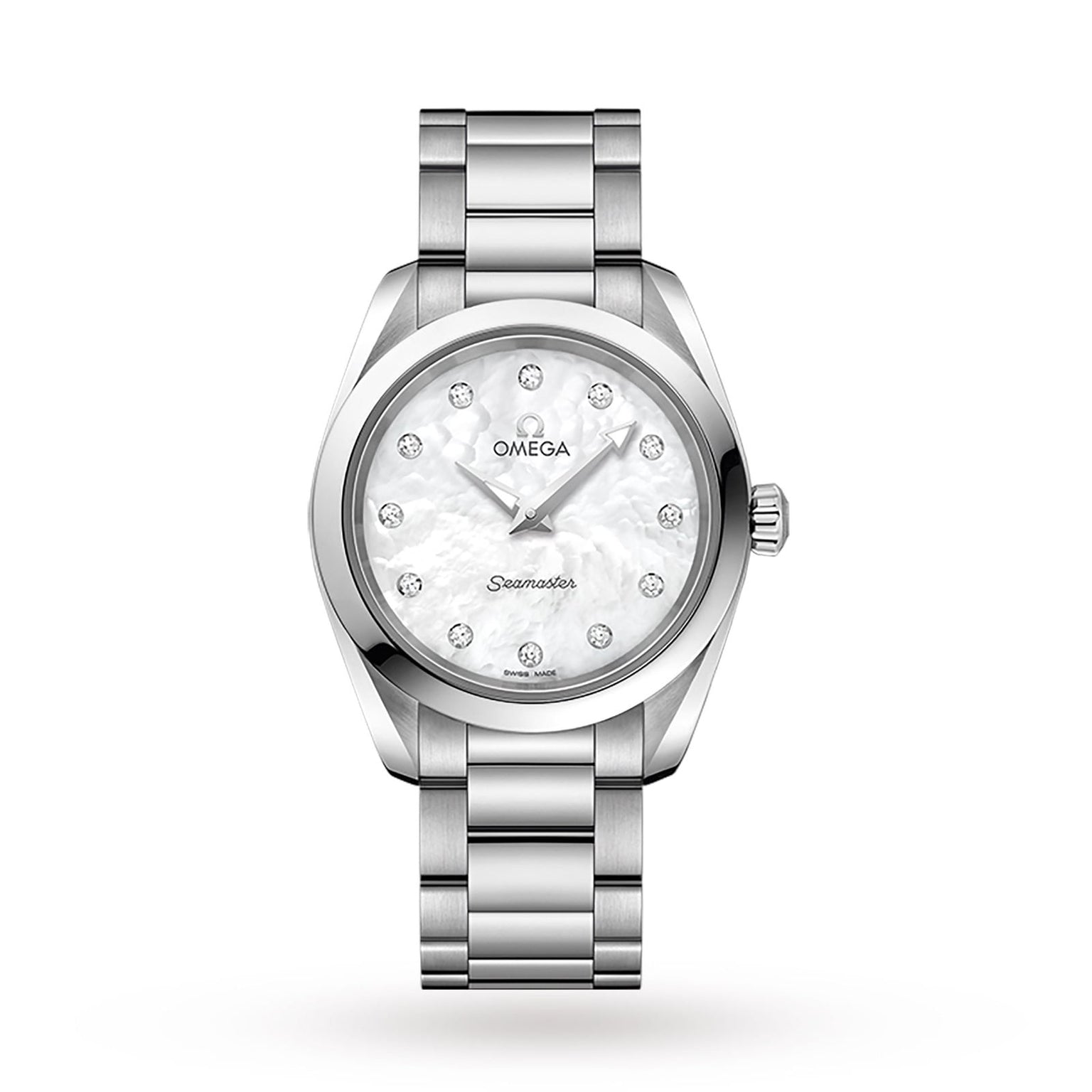 The OMEGA Seamaster Aqua Terra 150M, featuring a stainless steel case, white mother-of-pearl dial with diamond hour markers, and a metal link bracelet, is displayed on a white background to showcase its elegant design.