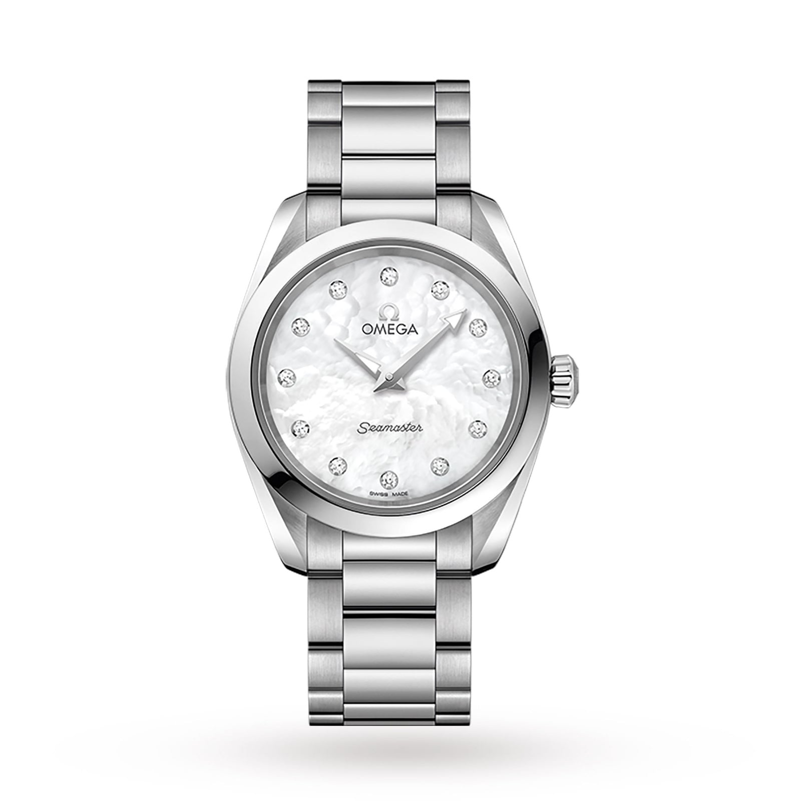 The OMEGA Seamaster Aqua Terra 150M, featuring a stainless steel case, white mother-of-pearl dial with diamond hour markers, and a metal link bracelet, is displayed on a white background to showcase its elegant design.