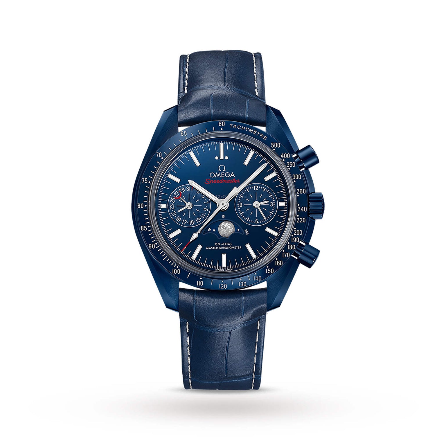 An OMEGA Speedmaster Moonwatch Moonphase chronograph with a blue dial, three subdials, tachymeter bezel, and blue leather strap, shown on a white background.