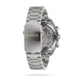A stainless steel OMEGA Speedmaster Racing wristwatch shown from the back, highlighting its metal bracelet, Omega-branded clasp, and the visible inner mechanism with Master Chronometer certification.