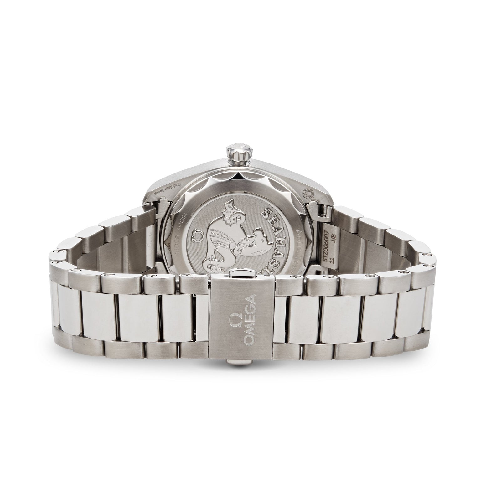 Back view of the OMEGA Seamaster Aqua Terra 150M, highlighting its engraved case back and branded clasp—a tribute to its maritime legacy.