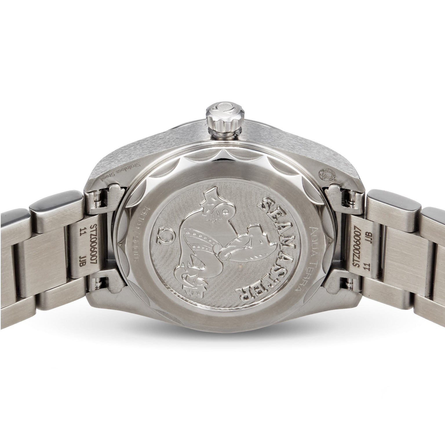 Back view of the OMEGA Seamaster Aqua Terra 150M, highlighting its maritime heritage with an engraved logo, brushed metal bracelet, and case back displaying reference and serial numbers.