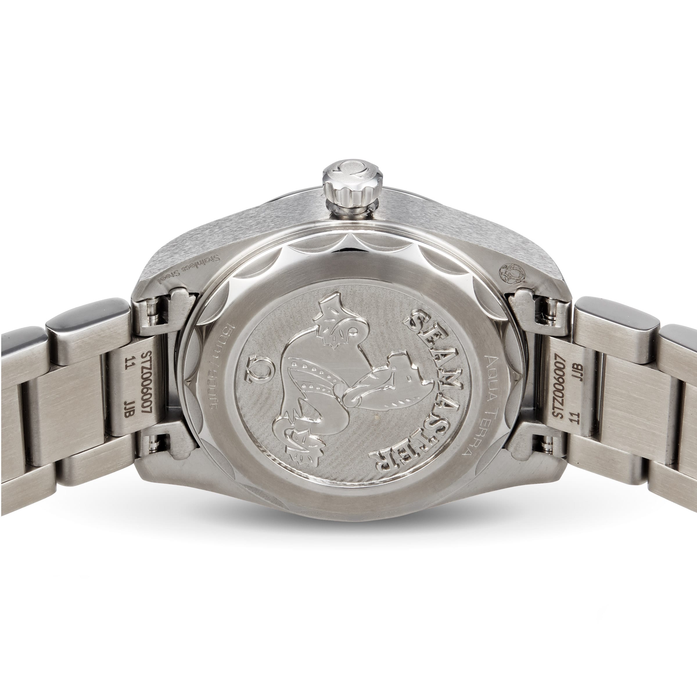Back view of the OMEGA Seamaster Aqua Terra 150M, highlighting its maritime heritage with an engraved logo, brushed metal bracelet, and case back displaying reference and serial numbers.