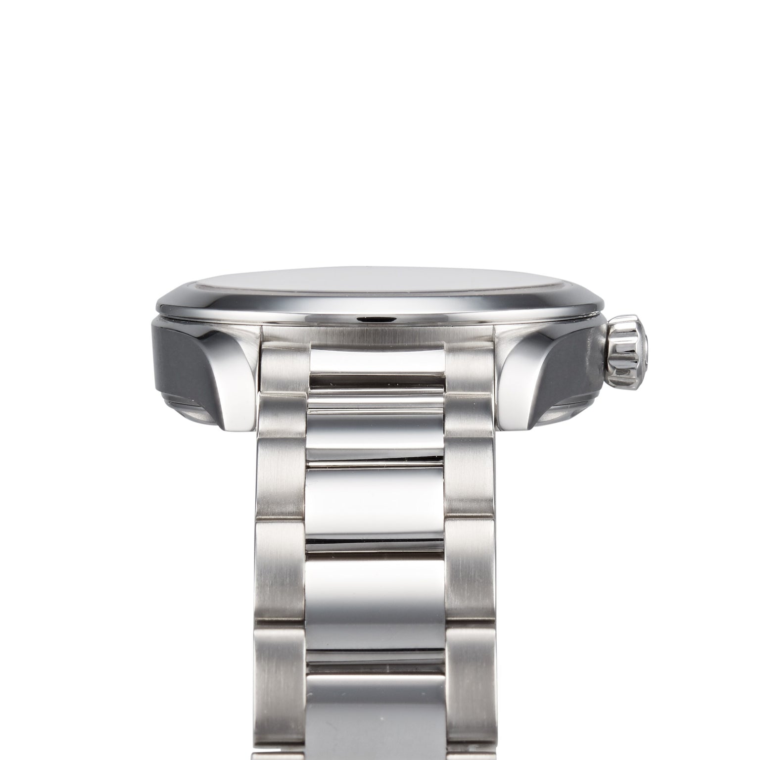 Close-up side view of the OMEGA Seamaster Aqua Terra 150M, featuring its stainless steel case and bracelet with visible crown and links—a nod to the brand’s maritime legacy.