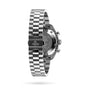 The OMEGA Speedmaster 38 wristwatch is shown from the back, highlighting its stainless steel link bracelet and engraved case back—distinctive features of this iconic timepiece.