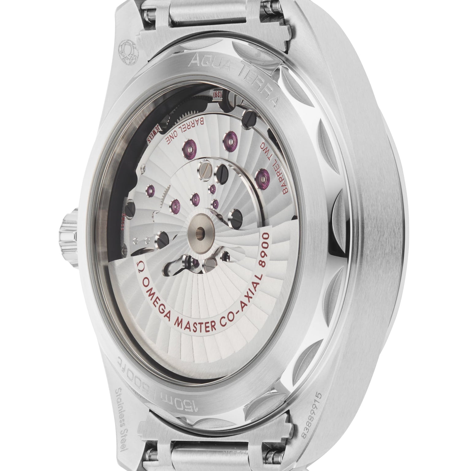 Close-up of the transparent case back on the OMEGA Seamaster Aqua Terra 150M, revealing its intricate Master Chronometer 8900 calibre movement and visible mechanical components.
