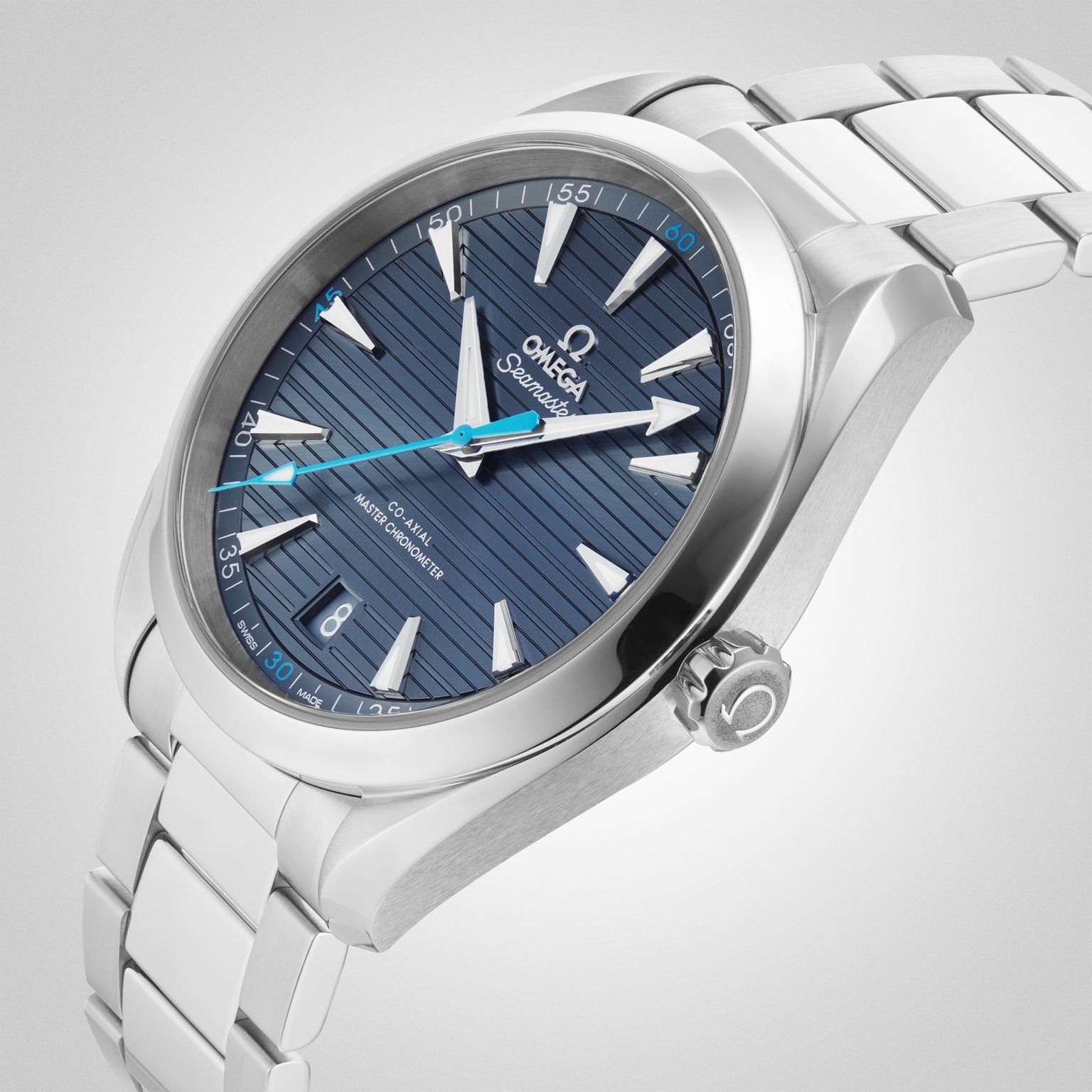 A close-up of an OMEGA Seamaster Aqua Terra 150M watch featuring a blue textured dial, silver hour markers, and a stainless steel bracelet, powered by the Master Chronometer 8900 calibre movement.