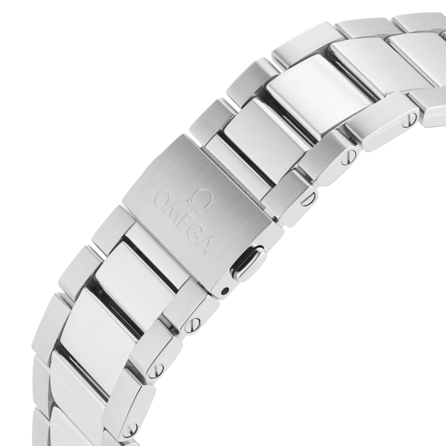 Close-up of the OMEGA Seamaster Aqua Terra 150M stainless steel bracelet, featuring the engraved clasp and highlighting the brand’s signature craftsmanship.