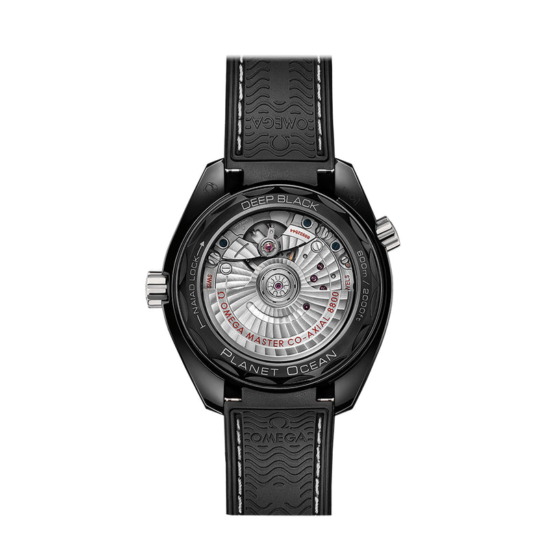 Back view of the OMEGA Seamaster Planet Ocean 600M displaying its detailed mechanical movement and black rubber strap.