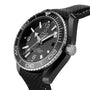 A close-up of an OMEGA Seamaster Planet Ocean 600M wristwatch featuring a black dial, textured strap, and rotating bezel.