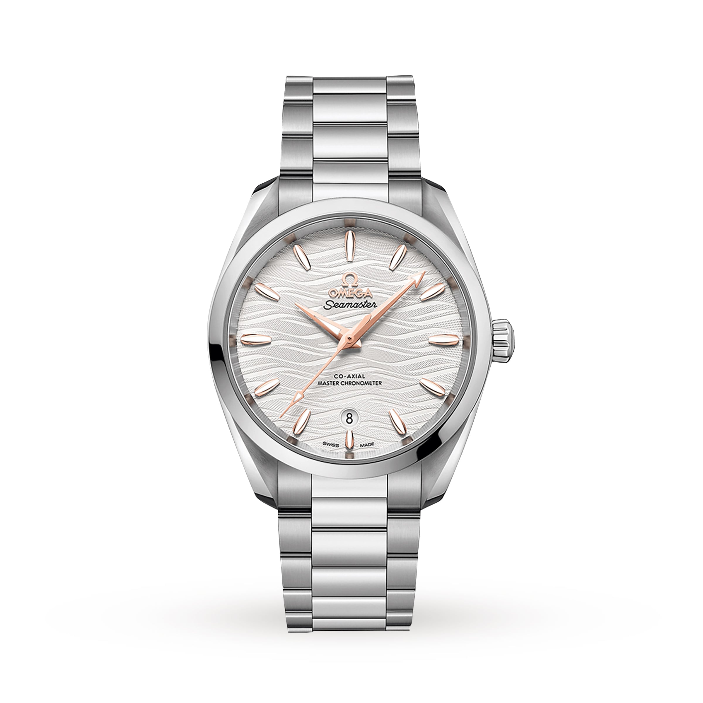 An OMEGA Seamaster Aqua Terra 150M wristwatch with a stainless steel band, white textured dial, rose gold hands and markers, and a date window at 6 o’clock is shown on a white background.