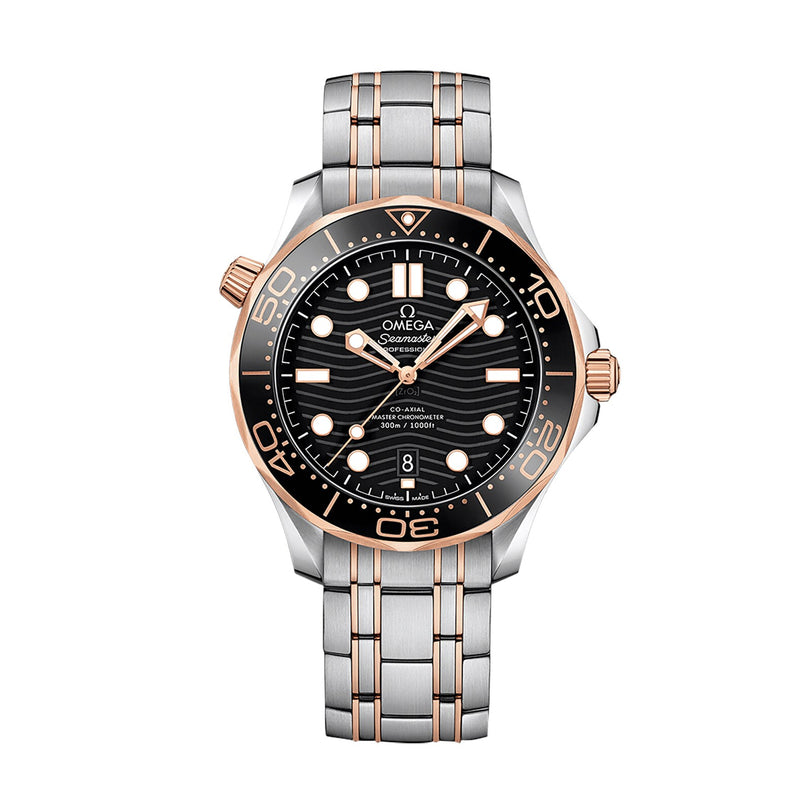 OMEGA Seamaster Diver 300M wristwatch featuring a black wavy dial, gold and silver bezel, date at 6 oclock, OMEGA Co-Axial movement, and a two-tone bracelet—a timepiece trusted by James Bond.