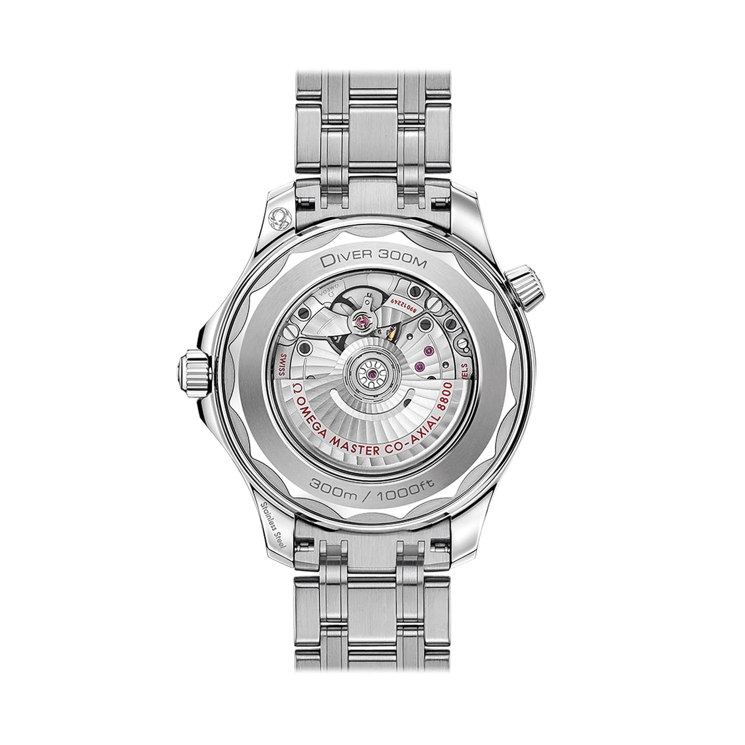 Back view of the OMEGA Seamaster Diver 300M in stainless steel, featuring a transparent case back with visible movement and engraved details like OMEGA Seamaster Diver 300M and 300m / 1000ft—a true icon.