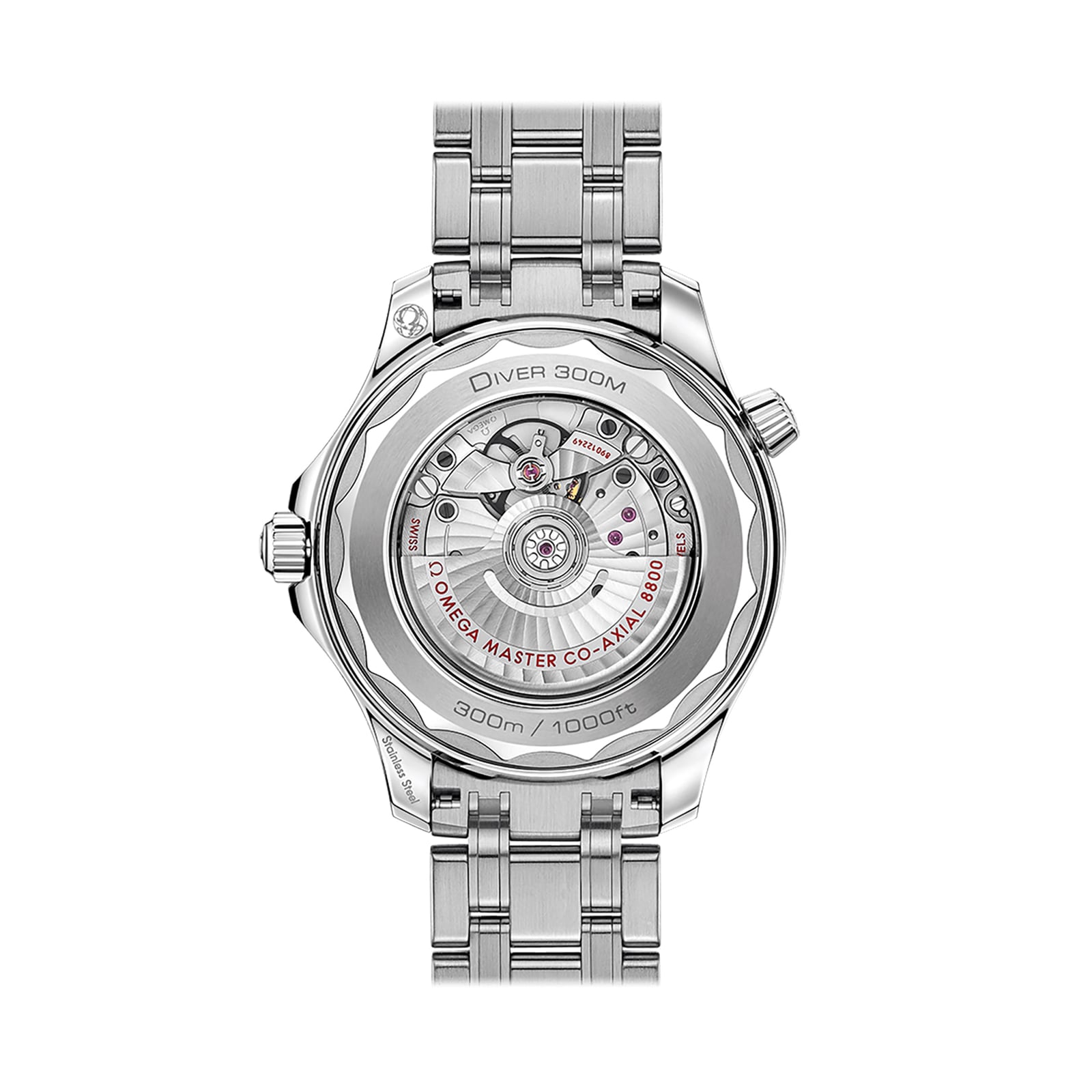 Back view of the OMEGA Seamaster Diver 300M in stainless steel, featuring a transparent case back with visible movement and engraved details like OMEGA Seamaster Diver 300M and 300m / 1000ft—a true icon.