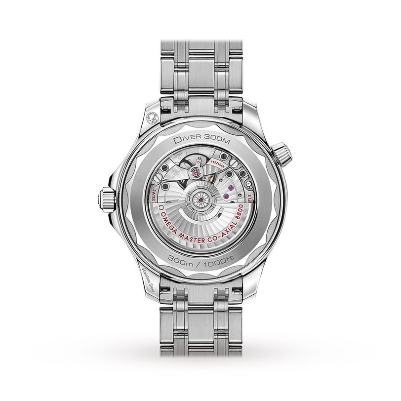 Rear view of the OMEGA Seamaster Diver 300M, featuring a transparent caseback that reveals the Master Chronometer Calibre 8800 movement and engraved DIVER 300M and OMEGA MASTER CO-AXIAL 8800 text.
