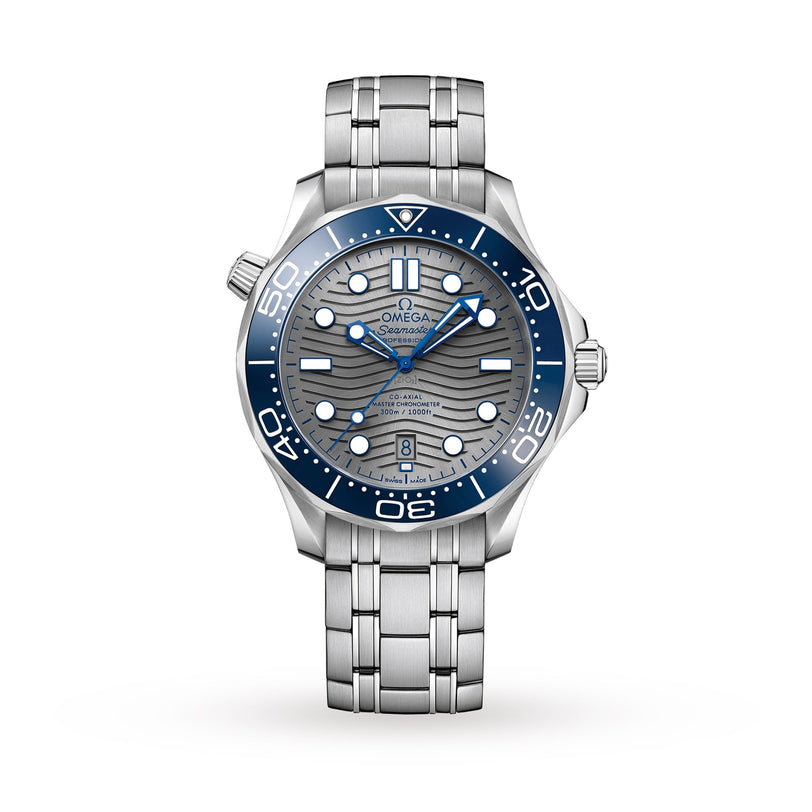 The OMEGA Seamaster Diver 300M features a stainless steel bracelet, blue ceramic bezel, grey wave-patterned dial, and precise Calibre 8800 movement—an iconic James Bond watch with time and date display.