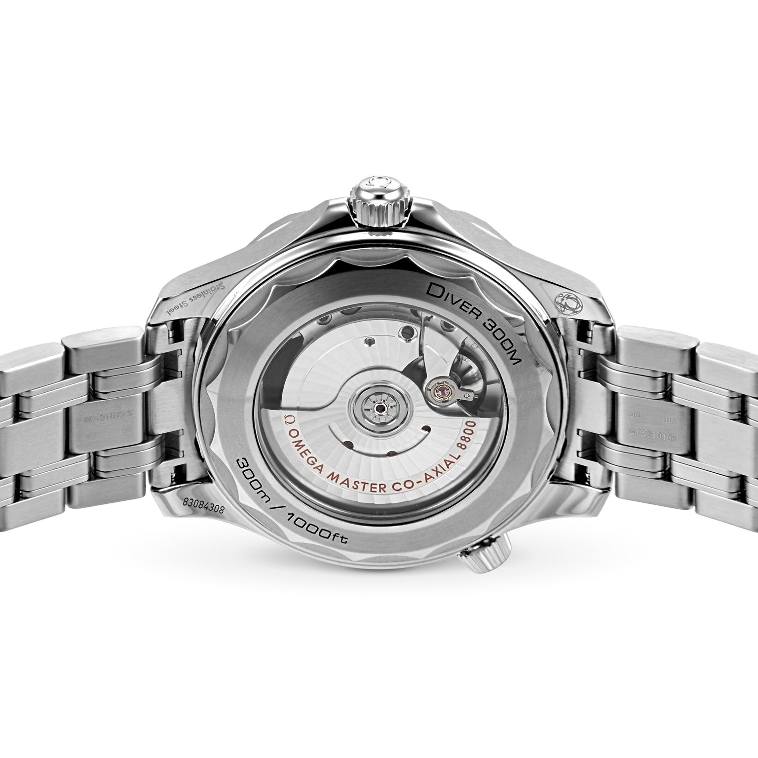 Back view of the OMEGA Seamaster Diver 300M, featuring a transparent case back that reveals the automatic movement and engraved specifications.