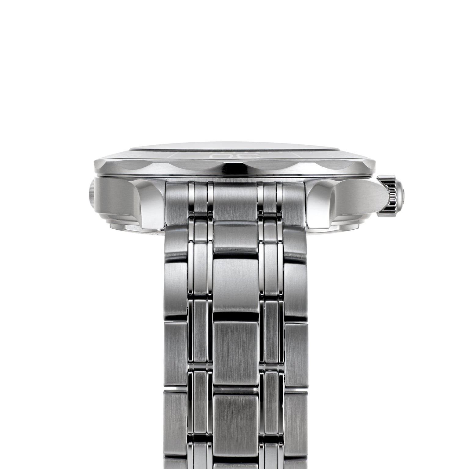 Side view of the OMEGA Seamaster Diver 300M stainless steel watch with metal bracelet, highlighting its crown and case design—an iconic James Bond timepiece—set against a white background.