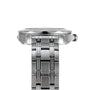 Side view of the OMEGA Seamaster Diver 300M stainless steel watch with metal bracelet, highlighting its crown and case design—an iconic James Bond timepiece—set against a white background.