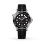 OMEGA Seamaster Diver 300M with black wave-pattern dial, white hour markers, black rotating bezel, and black rubber strap, displayed on a white background. Inspired by the iconic James Bond watch.