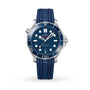 The OMEGA Seamaster Diver 300M wristwatch features a blue dial, blue rubber strap, white hour markers, and a stainless steel case with the OMEGA Calibre 8800 movement, displayed on a plain white background.