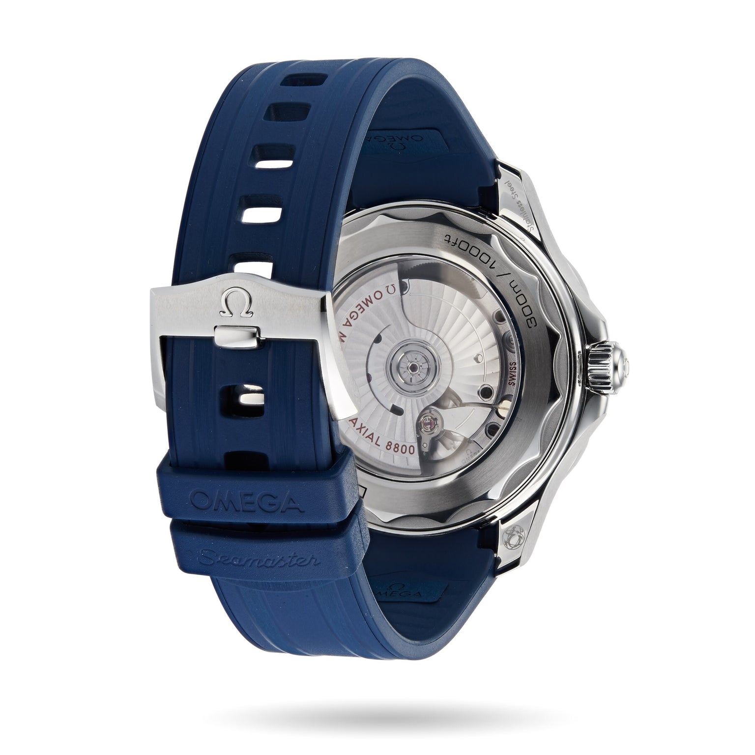 The back of the OMEGA Seamaster Diver 300M displays the Calibre 8800 movement and comes with a blue rubber strap engraved with the Omega logo and Seamaster.