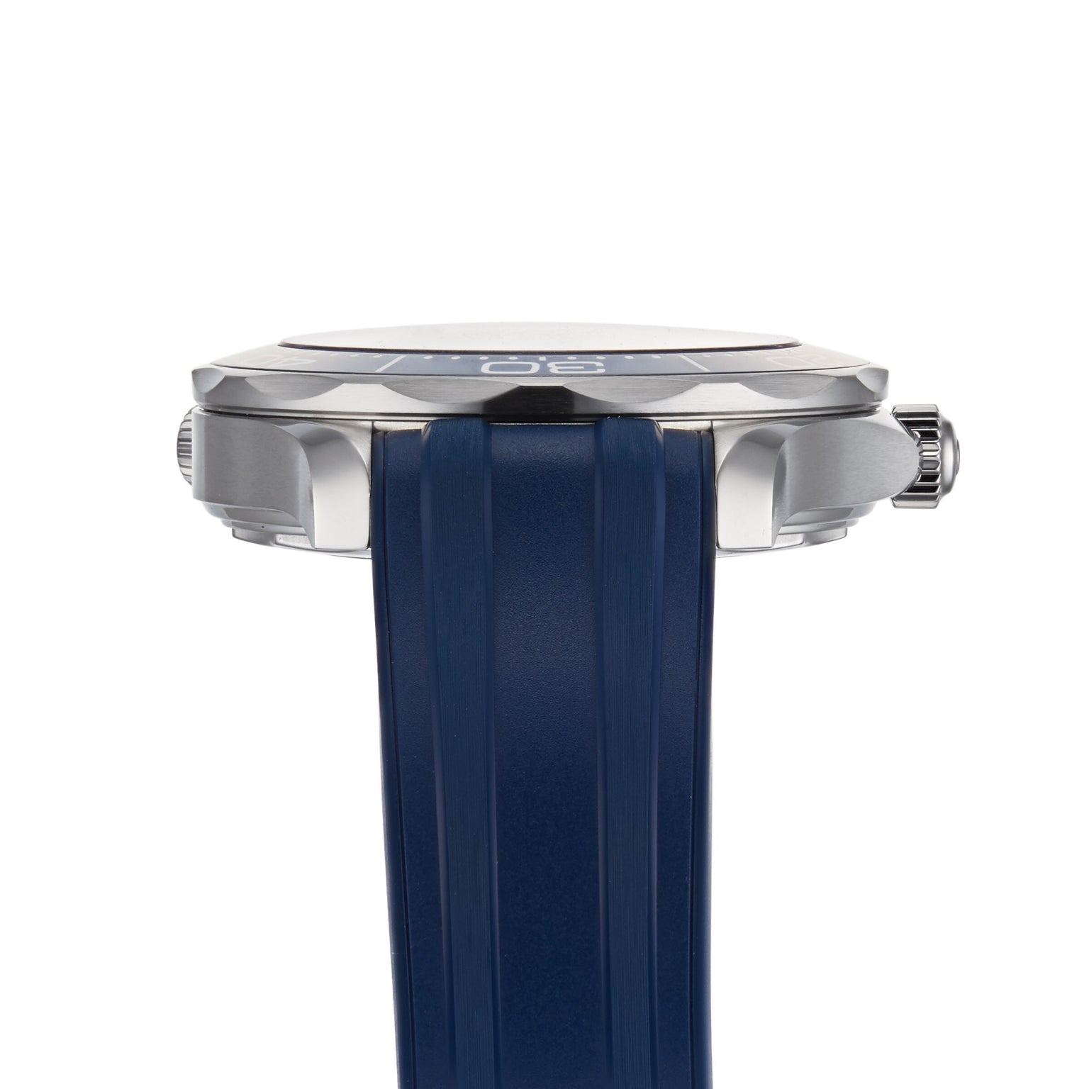 Side view of the OMEGA Seamaster Diver 300M, featuring a silver case, blue rubber strap, crown, detailed casework, and showcasing the precision OMEGA Calibre 8800 movement.