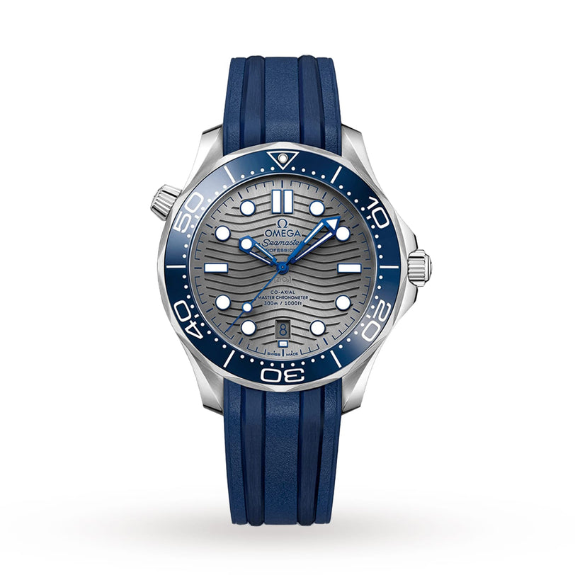 The OMEGA Seamaster Diver 300M features a silver case, blue rubber strap, blue bezel, wavy gray dial with white hour markers, and is powered by the OMEGA Calibre 8800, displayed on a plain white background.