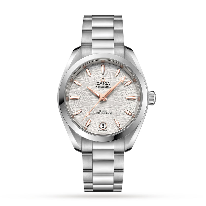 The OMEGA Seamaster Aqua Terra 150M features a silver case, metal bracelet, white patterned dial, rose gold markers and hands, and a date display at 6 o’clock.
