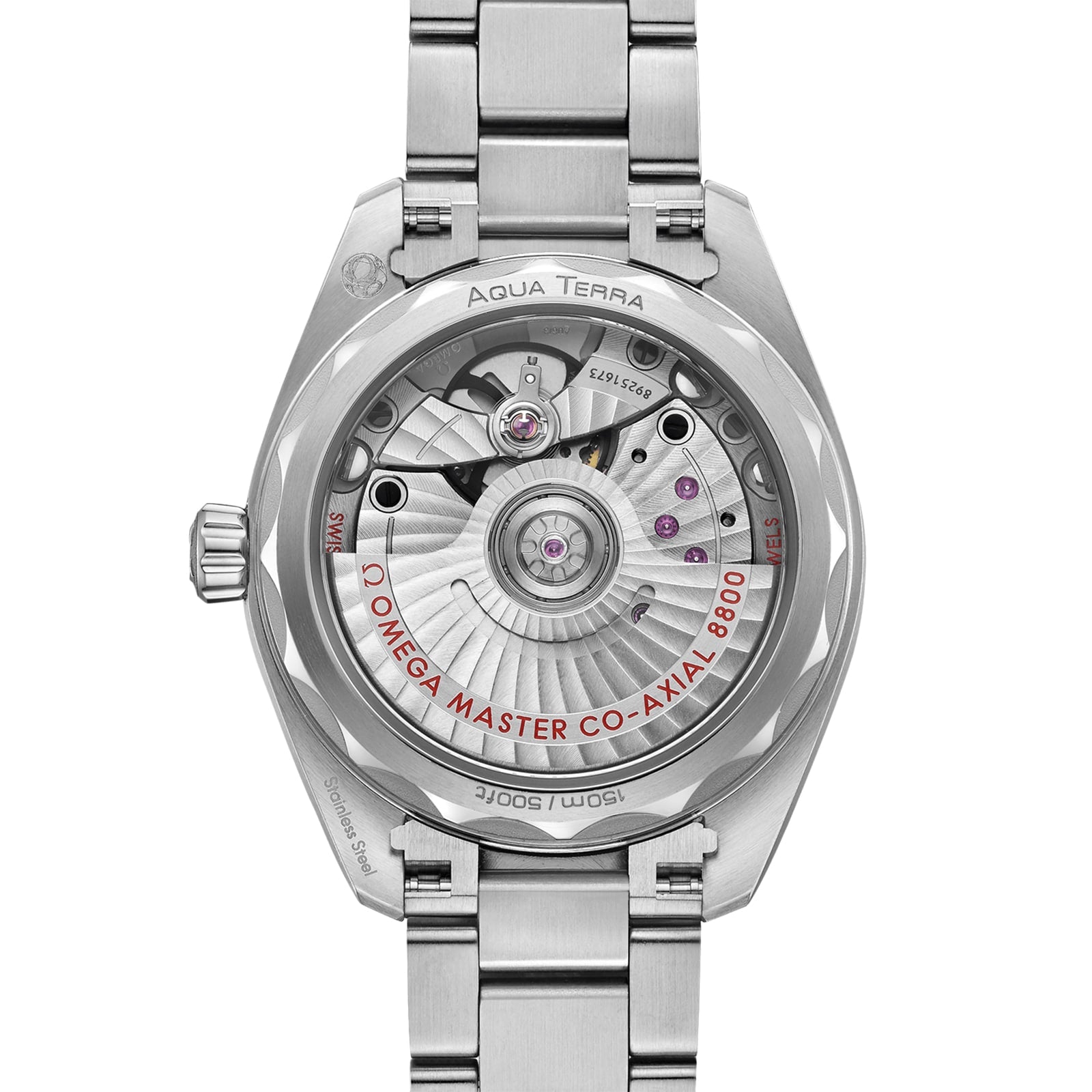 The image shows the back of an OMEGA Seamaster Aqua Terra 150M, featuring a transparent caseback that reveals the Master Chronometer-certified Co-Axial 8800 movement with visible gears and engravings.