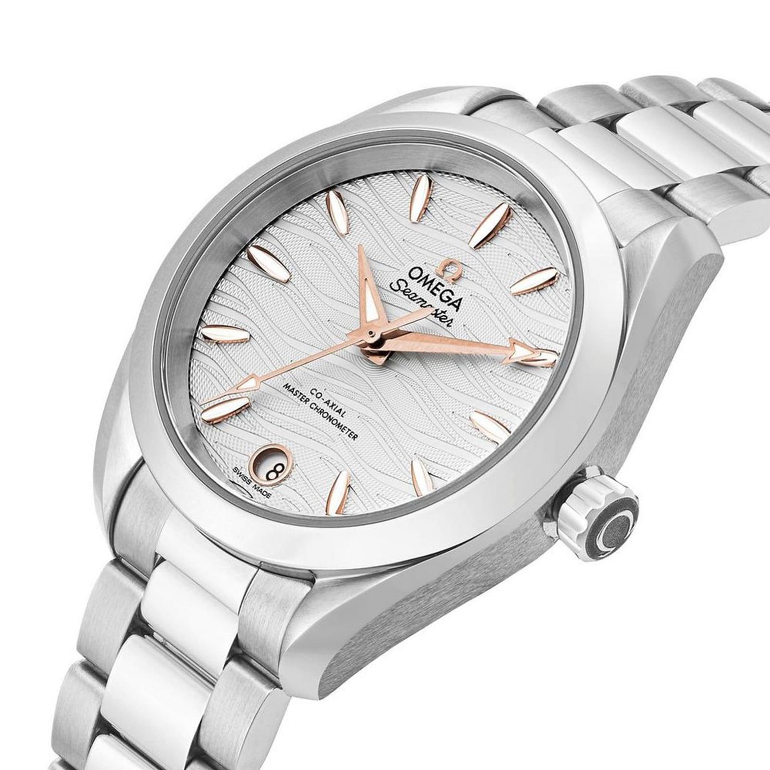 An OMEGA Seamaster Aqua Terra 150M watch in stainless steel with a silver textured dial, rose gold hour markers and hands, and a metal bracelet, shown at an angle.