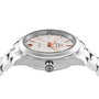 An OMEGA Seamaster Aqua Terra 150M wristwatch with a stainless steel case, silver textured dial, rose gold hour markers, and a date window, displayed from the side.