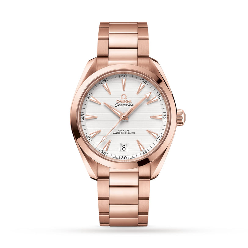 The OMEGA Seamaster Aqua Terra 150M, shown on a white background, features a rose gold case, silver dial, gold markers and hands, Master Chronometer 8901 calibre, date at 6 o’clock, and a metal link bracelet.