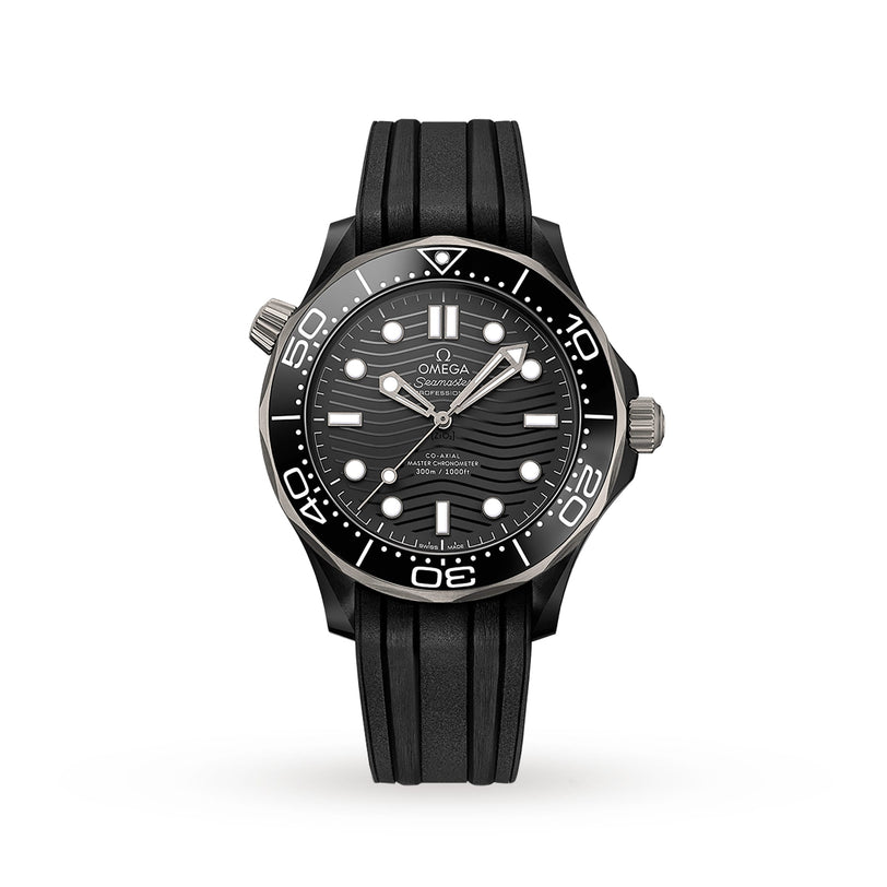 The OMEGA Seamaster Diver 300M features a black rubber strap, a ceramic bezel, and white hour markers on its wavy-textured black dial.