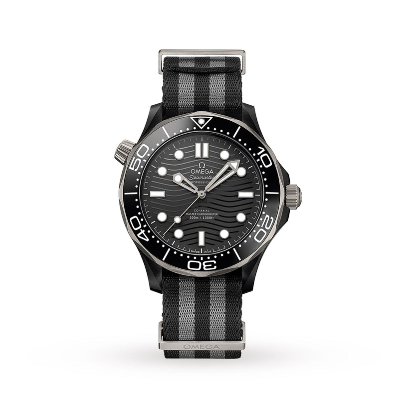 The OMEGA Seamaster Diver 300M features a black round case, black dial with white hour markers, rotating bezel, and pairs with a black and gray NATO strap—shown here against a white background.