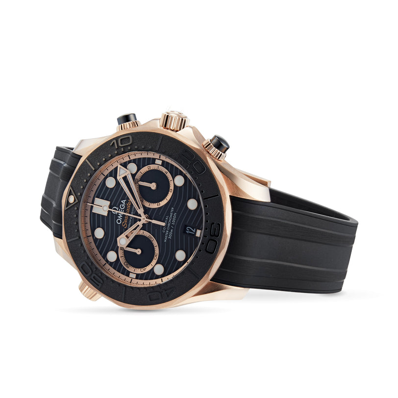 The OMEGA Seamaster Diver 300M is a luxury dive watch with a black strap, black and gold bezel, and a black dial featuring gold accents and chronograph subdials.